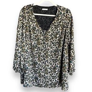 Ava James Leopard Animal Print Elastic Sleeve Lined Top Long Sleeve Blouse 14/16